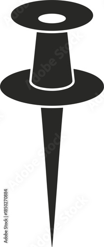 Black Silhouette of a Push Pin with a Wide Head and Sharp Point Keywords: pushpin, thumbtack
