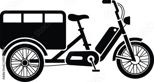 Electric cargo tricycle icon with heavy duty storage box and pedal assist motor for eco friendly urban delivery and logistics transportation black silhouette vector.