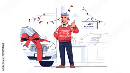 Cheerful man in a festive Christmas sweater giving a thumbs-up, standing beside a gift-wrapped car in a dealership with a "Happy Holidays" sign.
