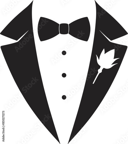 Black silhouette of a tuxedo with a bow tie and boutonniere on white suit formal