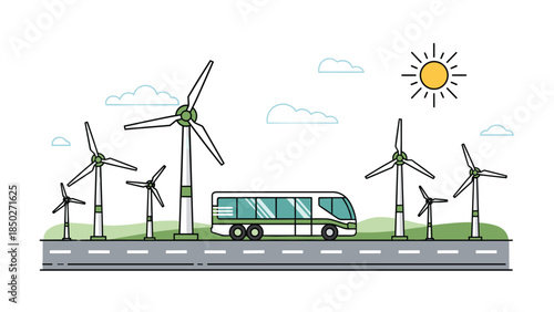 Modern bus driving along a road surrounded by numerous wind turbines under a bright sunny sky, representing sustainable public transport.