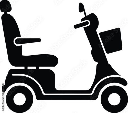 Electric mobility scooter silhouette for elderly and disabled person transportation isolated on white background for medical and accessibility vector design.