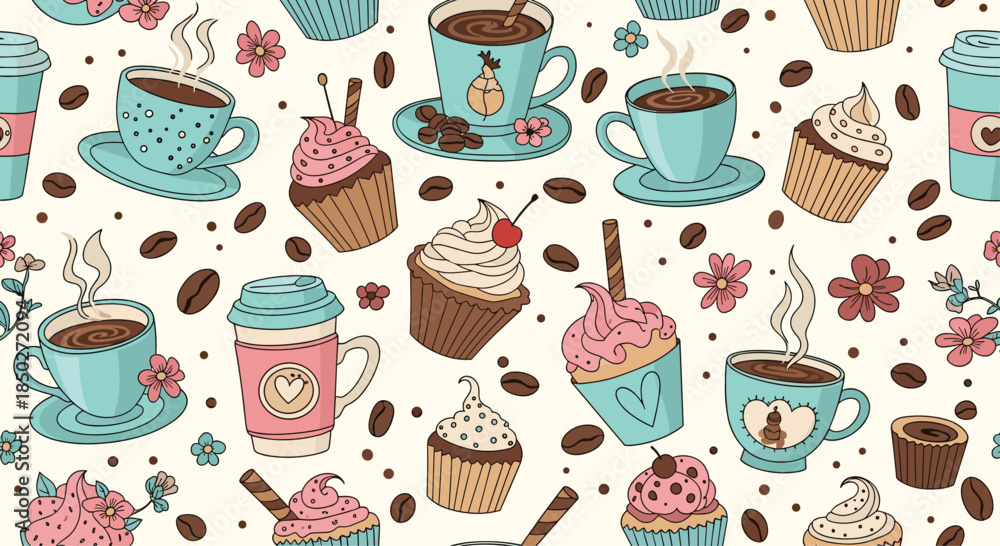 Fototapeta premium Sweet seamless pattern of coffee cups, decorated cupcakes, scattered coffee beans, and pretty little flowers for bakery and cafe decor.