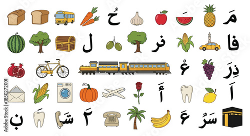 Arabic alphabet educational poster featuring letters with corresponding colorful object illustrations for kids.
