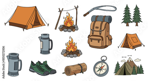 Camping and hiking icons collection featuring an orange tent, campfire, large backpack, hiking shoes, and compass.