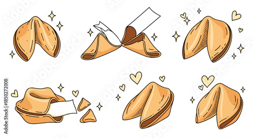 Hand drawn fortune cookies set featuring six detailed biscuits some with paper messages and festive heart sparkles.