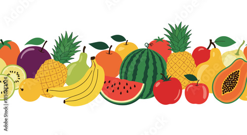 Fresh fruit horizontal border featuring a variety of colorful whole and sliced fruits on a plain white background.
