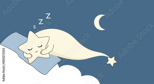 Cute smiling sleeping star character resting on a soft blue pillow over a white cloud in a dark night sky with moon.
