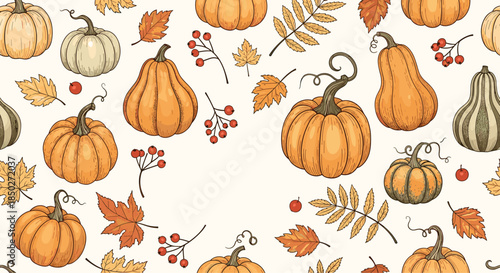 Autumn harvest seamless pattern featuring various pumpkins, colorful maple leaves, and red berries on light beige.