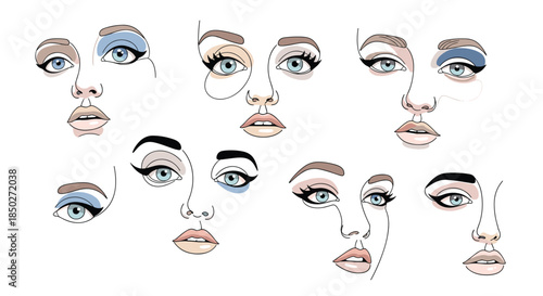 Female beauty sketch collection featuring various eye makeup and lip colors in stylized hand drawn illustrations.