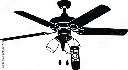Modern ceiling fan silhouette with five blades and three light lamps plus remote control icon isolated on white background for home interior appliance design.