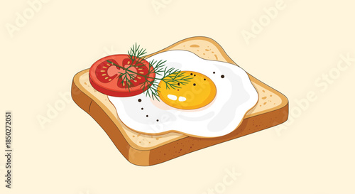 Breakfast toast illustration featuring a golden slice of bread topped with a fried egg, tomato, and fresh dill.
