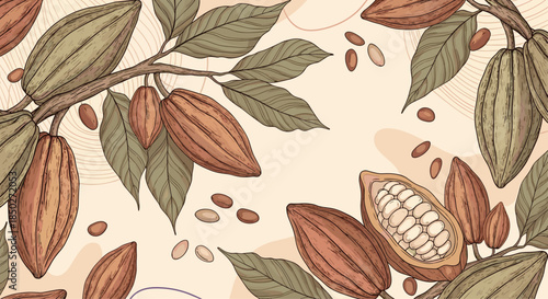 Vintage cocoa bean and branch seamless pattern with detailed botanical sketches on a textured light beige backdrop.