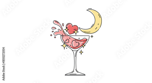 Romantic cocktail glass illustration with pink splashing liquid, floating hearts, and a glowing golden crescent moon.