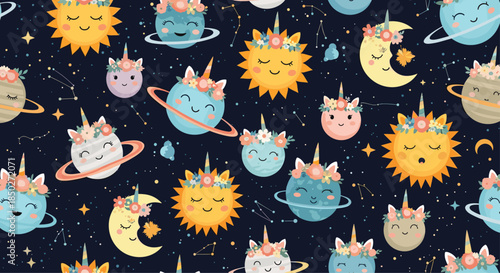 Charming seamless pattern of cute cartoon celestial bodies including smiling suns, moons, and planets adorned with pretty flower crowns.