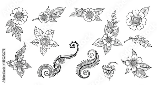 Collection of various floral and paisley decorative elements in black and white line art suitable for henna patterns or craft designs.