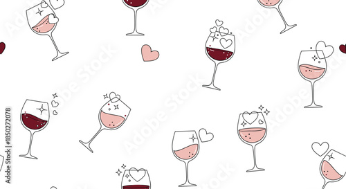 Romantic seamless pattern of wine glasses filled with pink rose wine and floating small hearts perfect for celebration and love themes.