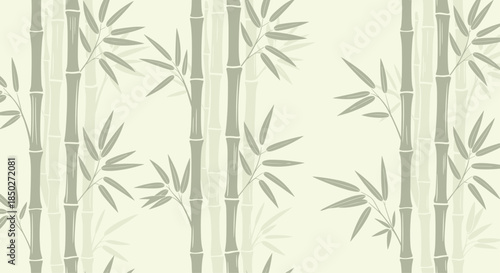 Peaceful seamless pattern showcasing light green bamboo stalks and leaves on a cream background for a calming nature-inspired aesthetic.
