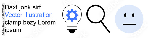 Technology, innovation, research, analysis, problem-solving, emotions. Gear in lightbulb, magnifying glass neutral face icon set. Technology and research concepts are visually in the icons