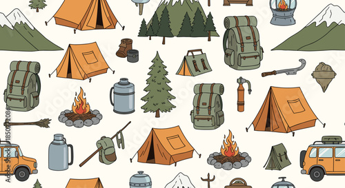 Comprehensive seamless pattern of outdoor camping equipment including tents, backpacks, campfires, and off-road vehicles for adventure.