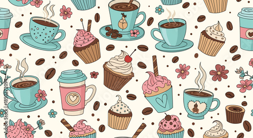 Sweet seamless pattern of coffee cups, decorated cupcakes, scattered coffee beans, and pretty little flowers for bakery and cafe decor.
