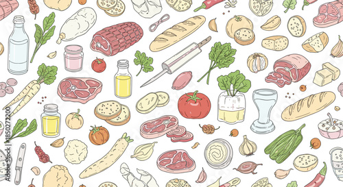 Extensive seamless pattern of diverse food ingredients like meat cuts, fresh vegetables, bread, and various kitchen condiments.