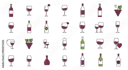Large set of minimalist icons representing wine bottles, various glass shapes, and bunches of grapes for winery and beverage themes.