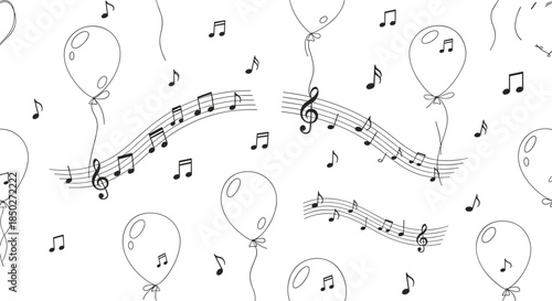 Whimsical pattern design with floating balloons and musical notes on a staff in a simple black and white outline style.