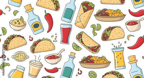 Colorful seamless pattern featuring various Mexican food items including tacos, burritos, tequila, and spicy chili peppers.