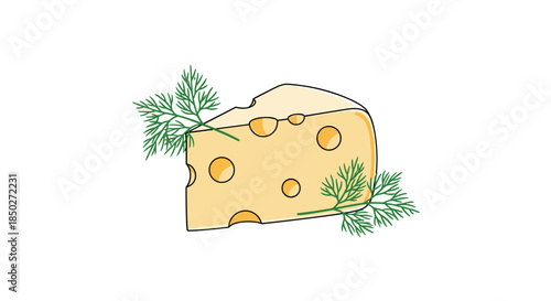 Illustration of a slice of Swiss cheese with holes decorated with fresh sprigs of green dill on a white background.