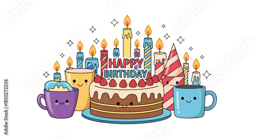 Festive birthday celebration composition with a large chocolate cake, lit candles, colorful cups, and sparkling stars.