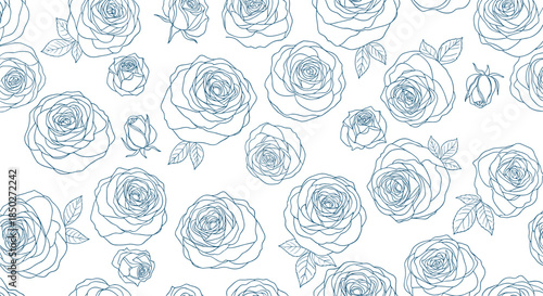 Elegant seamless pattern showcasing delicate blue line drawings of rose flowers and buds on a clean white background.