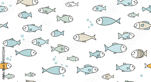 Simple hand-drawn seamless pattern featuring a school of small colorful fish swimming on a clean white background.