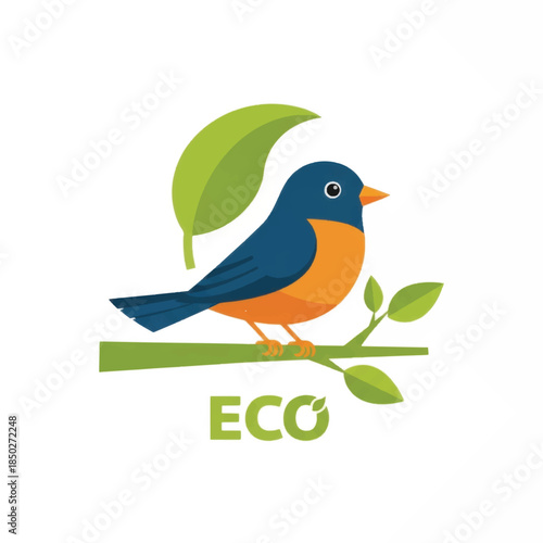 Cute cartoon bird sitting on a branch with a leaf and the word ECO.