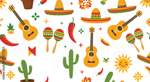 Vibrant Mexican theme seamless pattern with guitars, sombreros, maracas, cacti, chili peppers, and smiling sun symbols.