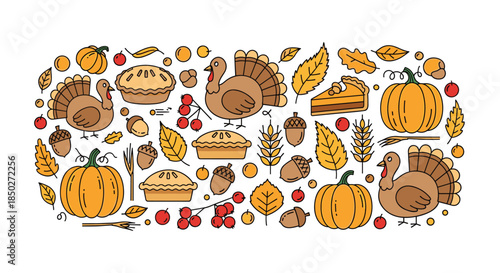 Collection of Thanksgiving and autumn icons including turkeys, pumpkins, pies, acorns, and colorful fallen leaves.