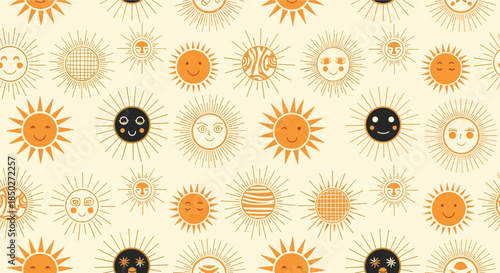 Creative seamless pattern featuring various sun icons with different faces and expressions in warm orange and black tones.