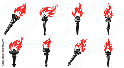 Set of diverse torch illustrations with bright red and orange flames in various historical and modern styles.