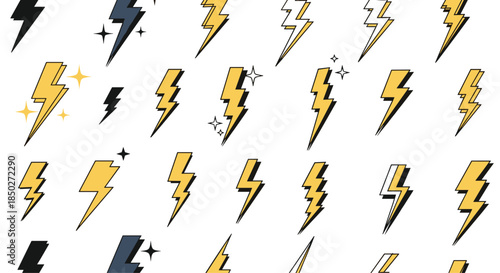Collection of colorful lightning bolt icons in various styles with stars and sparkles on a clean white background.
