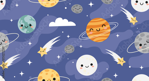 Adorable space seamless pattern featuring cute planets with smiling faces, stars, comets, and moons on a dark blue sky.
