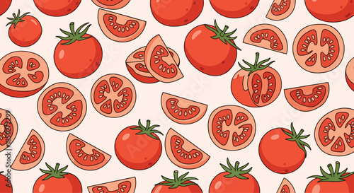 Fresh tomato seamless pattern featuring whole red tomatoes and various slices on a soft cream background.