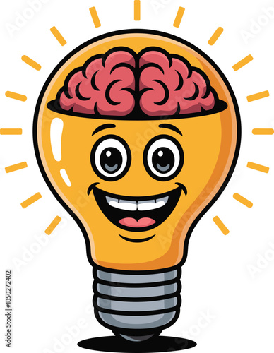 Creative brain lightbulb symbol with smiling face represents idea and inspiration concept