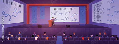 Flat background with a lecture hall, a screen with molecules, a speaker on stage, and an audience.