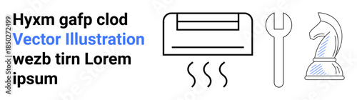 Business strategy, mechanical repair, home appliances, cooling systems, creativity, strategic planning. Black and white line drawing of an AC unit, wrench and chess knight. Cooling systems