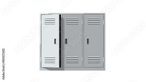 Row of three grey metal lockers, one with its door slightly ajar, symbolizing storage solutions in schools or gyms.