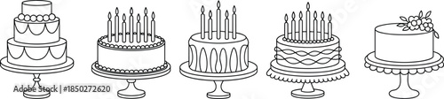 Birthday cake line art icons set celebration dessert bakery illustration black white vector collection design