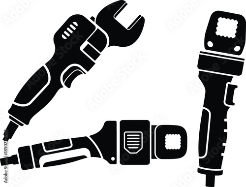 Black and white vector illustration of industrial pipe pressing tools and plumbing equipment for professional hydraulic connection and maintenance services.