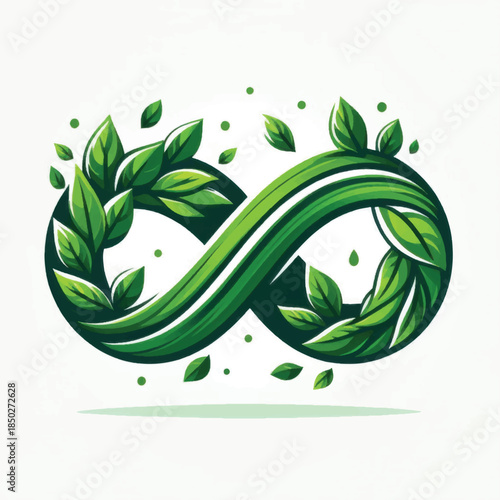 Green Infinity Symbol with Leaves Representing Sustainability and Renewal.