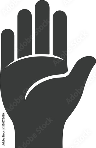 Dark grey silhouette of an open hand with fingers spread on white background palm gesture