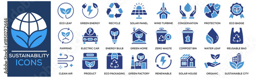 Sustainability Icon Collection Set. Containing Design Eco Leaf, Green Energy, Recycle Symbol, Solar Panel, Wind Turbine
